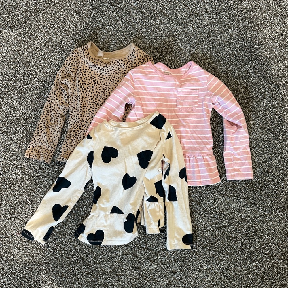 Size 5 Sets of 3 Carter's Kids Long Sleeve Tops - Leopard, Stripes, and Hearts